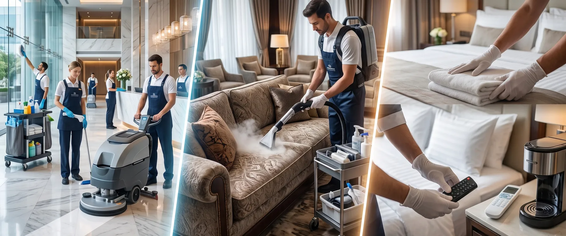 Echipă de curățenie în holul unui hotel, tapițerie curățată cu abur și cameră de hotel pregătită