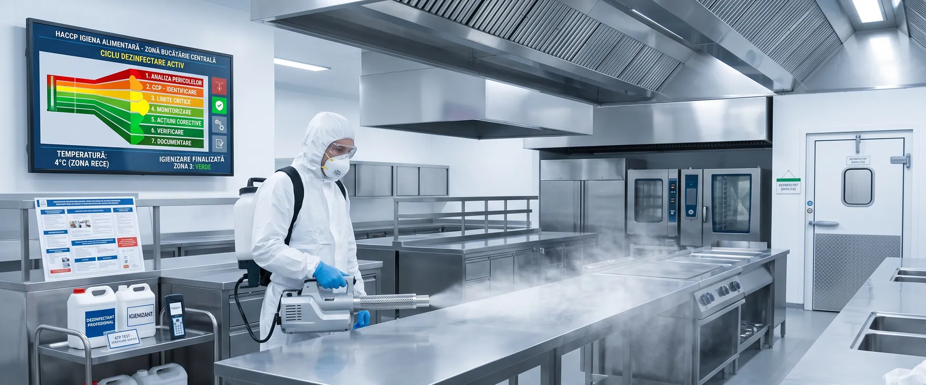 Dezinfecția unei bucătării centrale din inox, cu panoul planului HACCP pe perete
