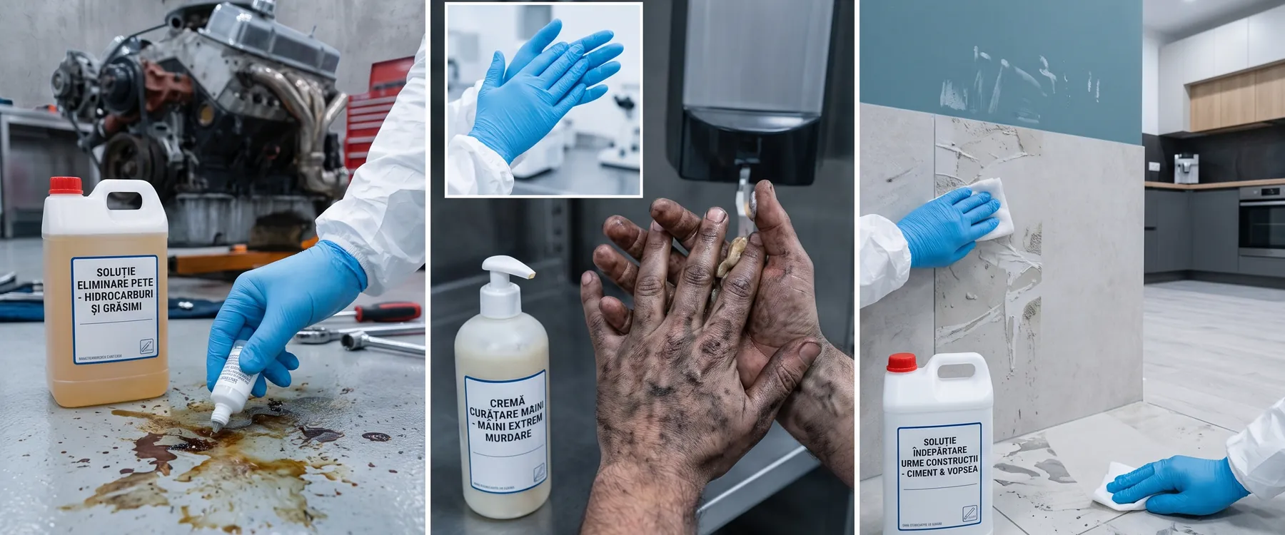 Soluție pentru pete de hidrocarburi pe o pardoseală de atelier, cremă pentru mâini foarte murdare și soluție pentru urme de ciment și vopsea