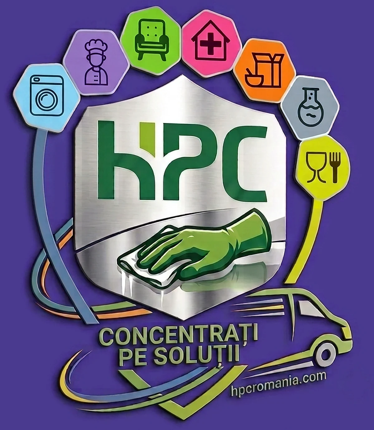 Emblema HPC: scut cu sigla hPC, mănușă profesională, cele șapte categorii și livrare
